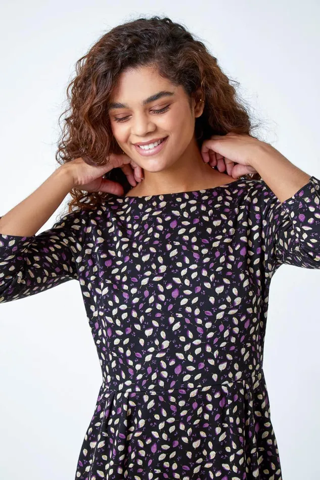 Women Purple Leaf Print Pleat Detail Shift Dress Roman Dresses