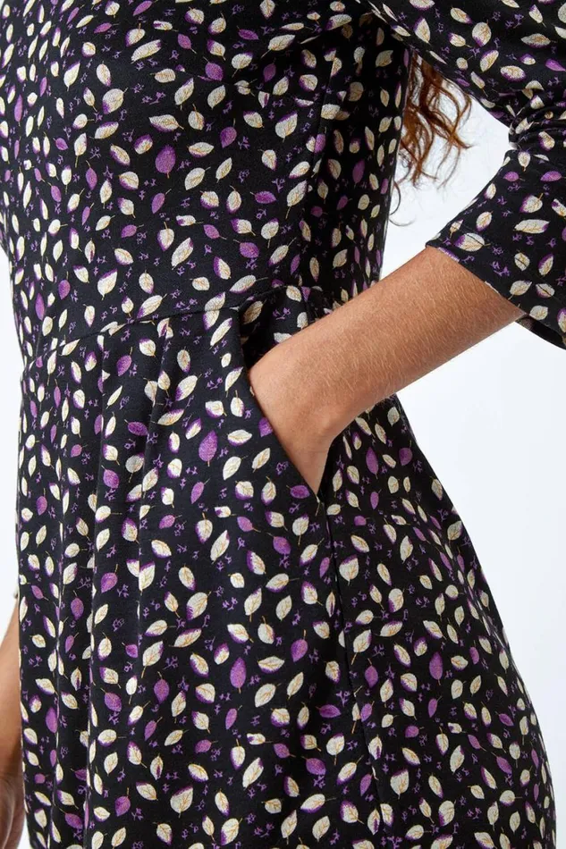 Women Purple Leaf Print Pleat Detail Shift Dress Roman Dresses