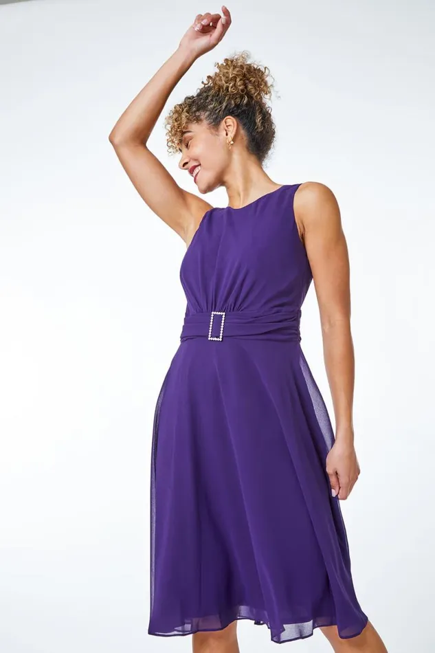 Women Purple Petite Diamante Buckle Dress Roman Dresses
