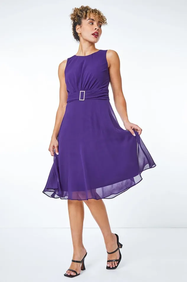 Women Purple Petite Diamante Buckle Dress Roman Dresses