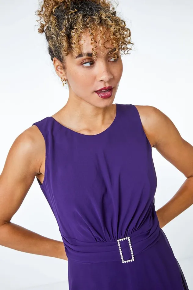 Women Purple Petite Diamante Buckle Dress Roman Dresses