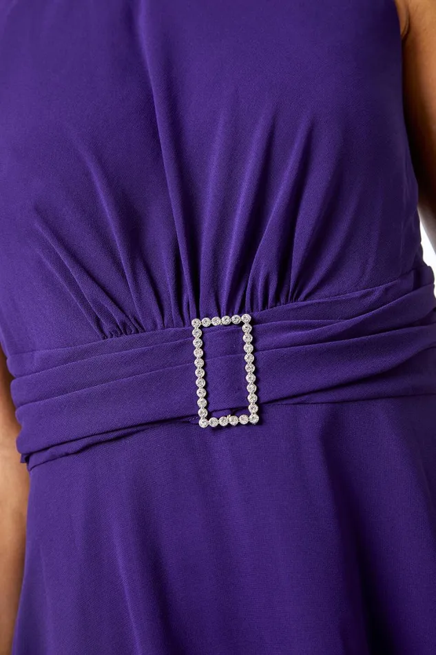 Women Purple Petite Diamante Buckle Dress Roman Dresses