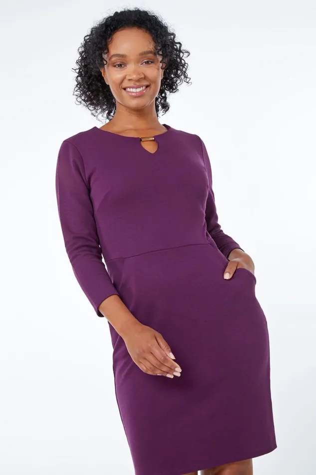 Women Purple Petite Keyhole Neck Dress Roman Dresses