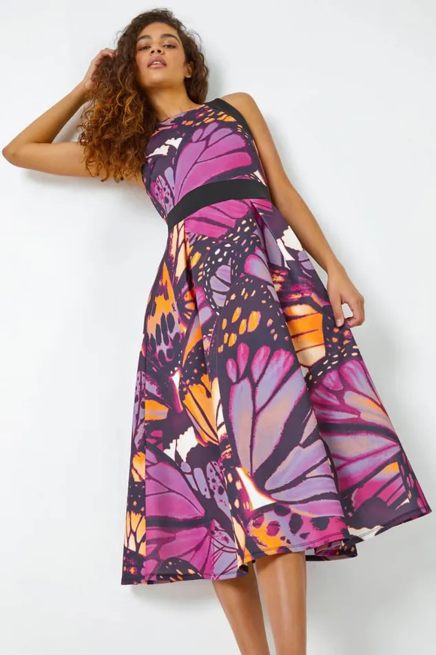 Women Purple Premium Stretch Butterfly Halterneck Dress Roman Dresses