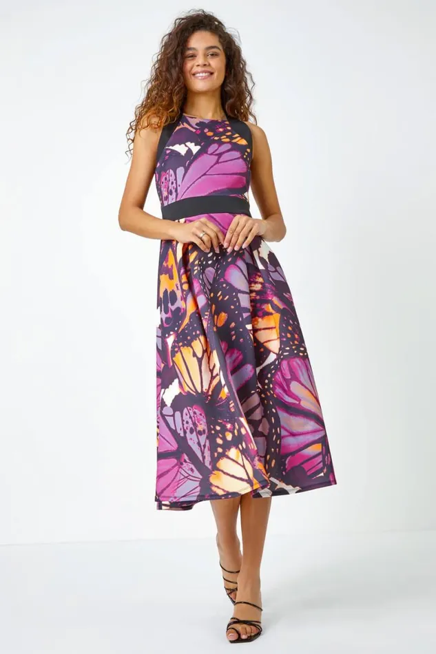 Women Purple Premium Stretch Butterfly Halterneck Dress Roman Dresses