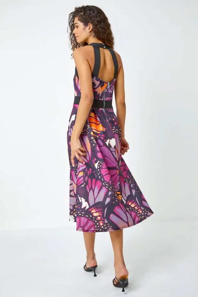 Women Purple Premium Stretch Butterfly Halterneck Dress Roman Dresses