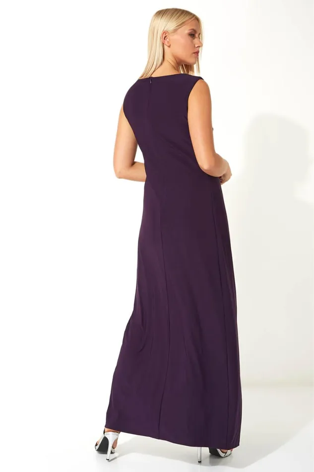 Women Purple Ruched Metal Bar Trim Maxi Dress Roman Dresses