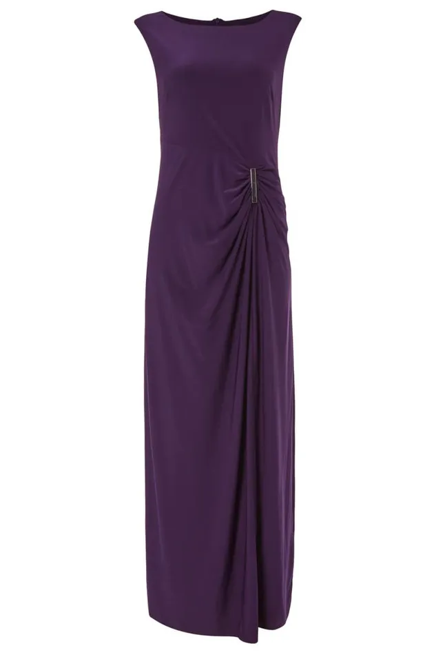 Women Purple Ruched Metal Bar Trim Maxi Dress Roman Dresses