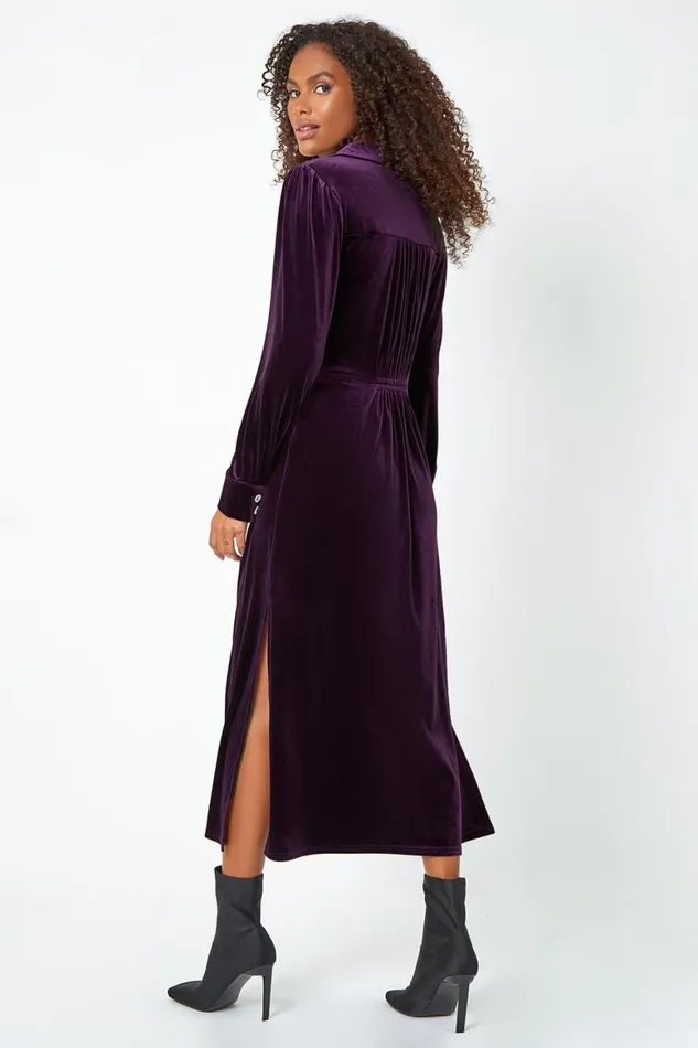 Women Purple Ruched Velvet Midi Stretch Dress Roman Dresses