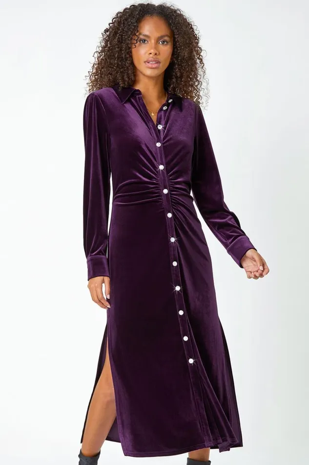 Women Purple Ruched Velvet Midi Stretch Dress Roman Dresses