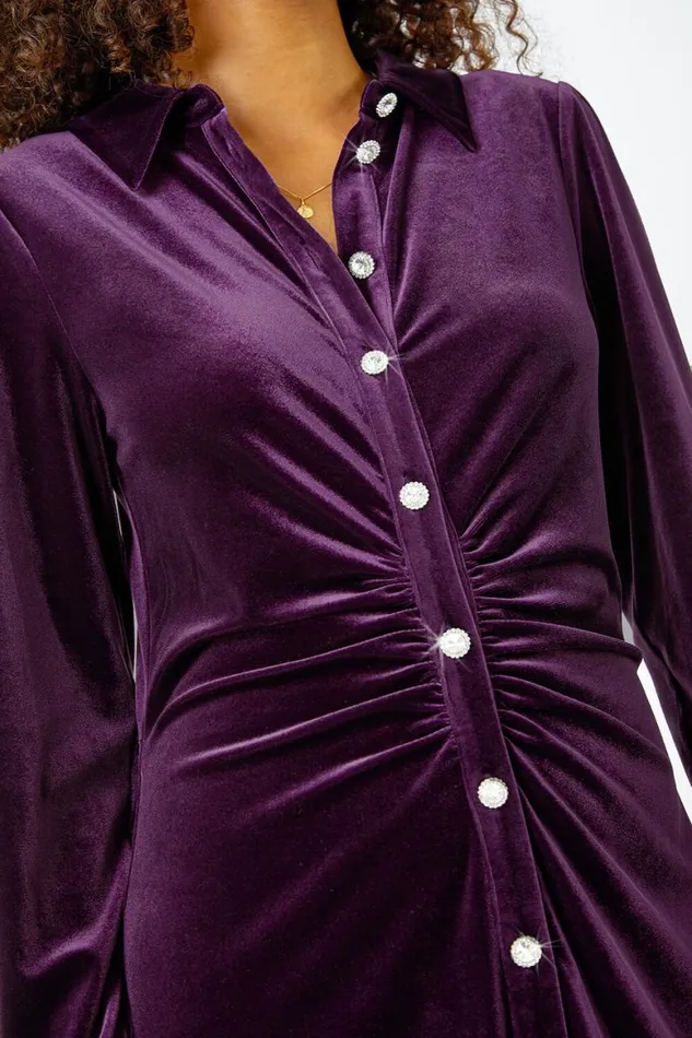 Women Purple Ruched Velvet Midi Stretch Dress Roman Dresses