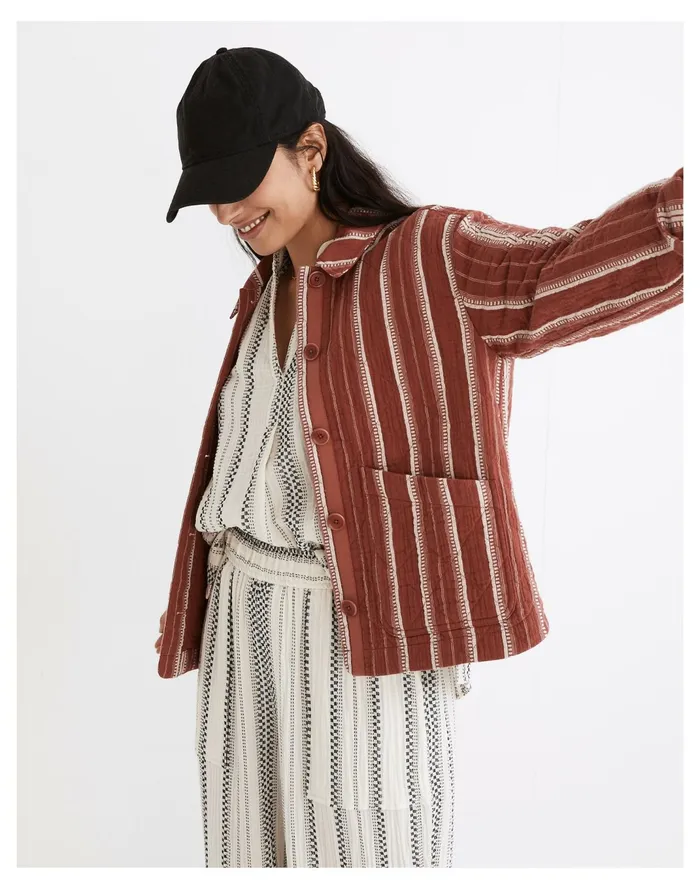 Women Quilted Lightspun Cropped Shirt Jacket In Jacquard Stripe Weathered Brick Madewell Jackets