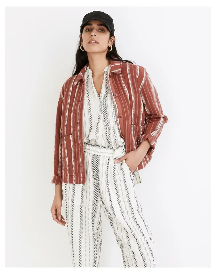 Women Quilted Lightspun Cropped Shirt Jacket In Jacquard Stripe Weathered Brick Madewell Jackets Women Quilted Lightspun Cropped Shirt Jacket In Jacquard Stripe Weathered Brick Madewell Jackets