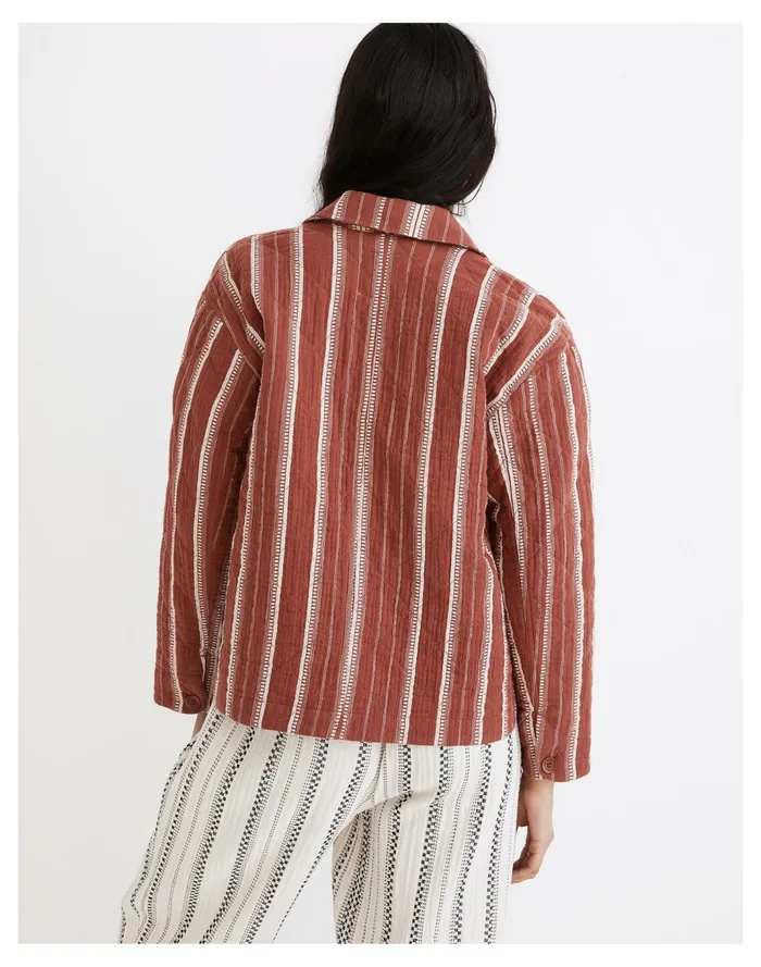 Women Quilted Lightspun Cropped Shirt Jacket In Jacquard Stripe Weathered Brick Madewell Jackets Women Quilted Lightspun Cropped Shirt Jacket In Jacquard Stripe Weathered Brick Madewell Jackets