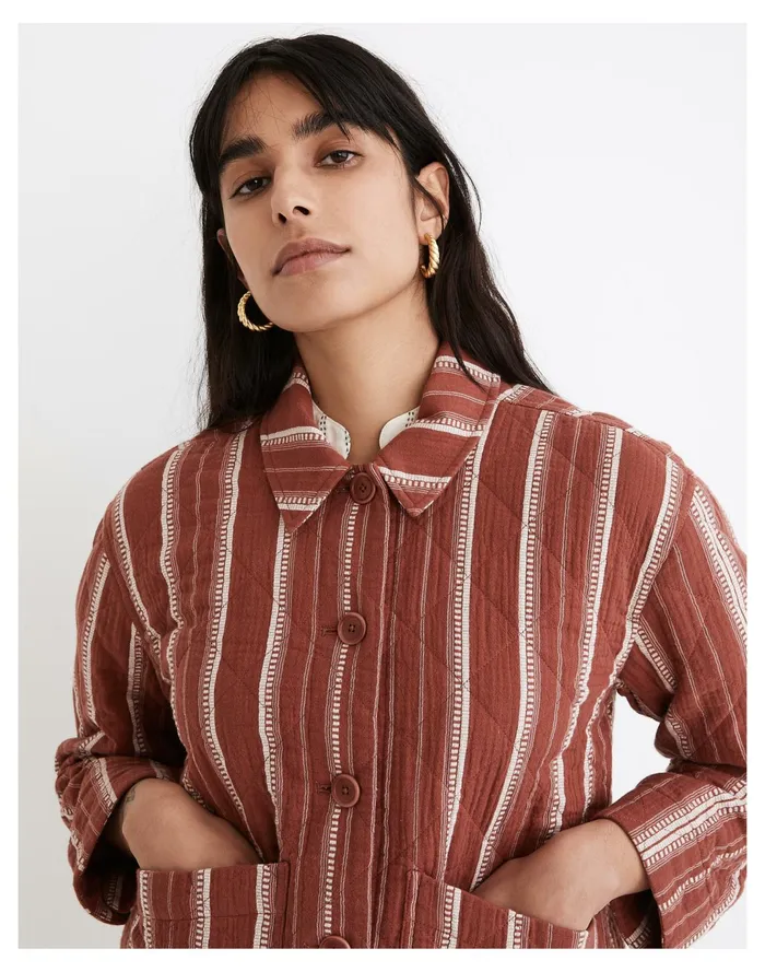 Women Quilted Lightspun Cropped Shirt Jacket In Jacquard Stripe Weathered Brick Madewell Jackets Women Quilted Lightspun Cropped Shirt Jacket In Jacquard Stripe Weathered Brick Madewell Jackets