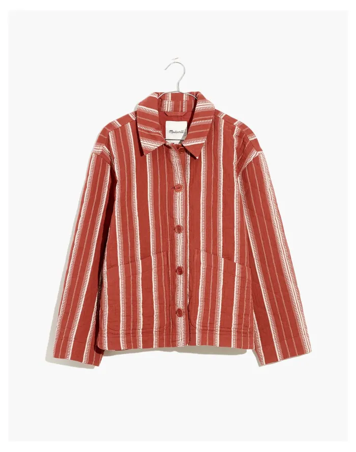 Women Quilted Lightspun Cropped Shirt Jacket In Jacquard Stripe Weathered Brick Madewell Jackets Women Quilted Lightspun Cropped Shirt Jacket In Jacquard Stripe Weathered Brick Madewell Jackets