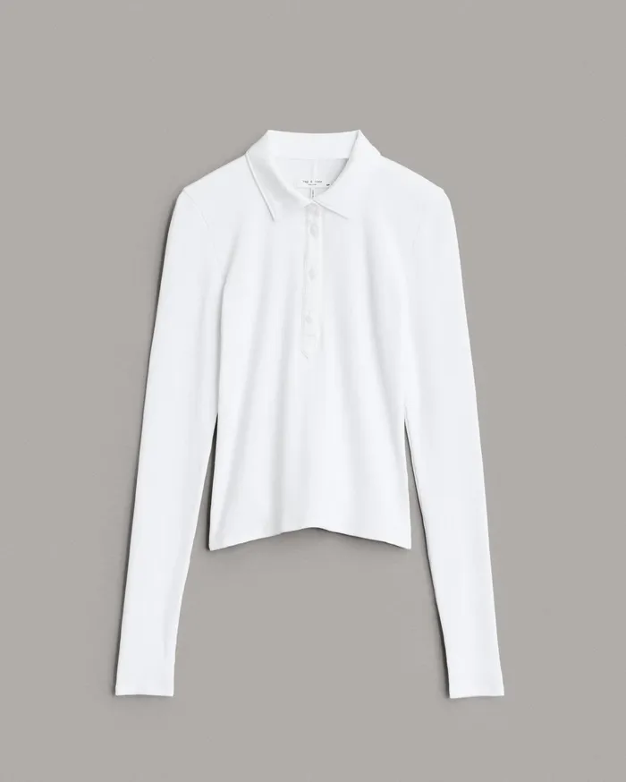 Women Rag and Bone TShirts Essential Rib Polo Long Sleeve White Women Rag and Bone TShirts Essential Rib Polo Long Sleeve White