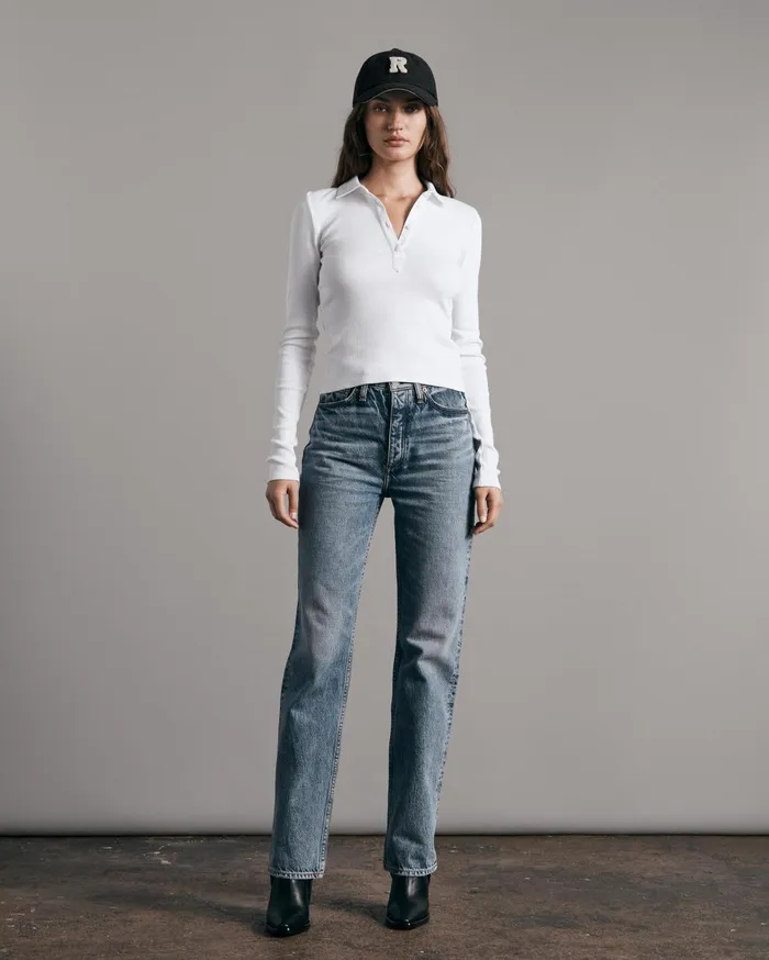 Women Rag and Bone TShirts Essential Rib Polo Long Sleeve White Women Rag and Bone TShirts Essential Rib Polo Long Sleeve White