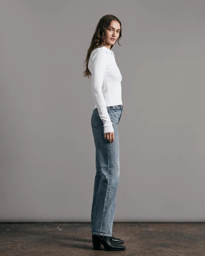 Women Rag and Bone TShirts Essential Rib Polo Long Sleeve White Women Rag and Bone TShirts Essential Rib Polo Long Sleeve White