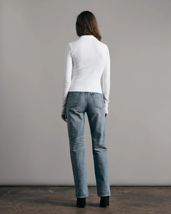 Women Rag and Bone TShirts Essential Rib Polo Long Sleeve White Women Rag and Bone TShirts Essential Rib Polo Long Sleeve White