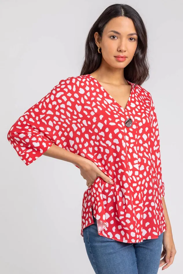 Women Red Abstract Spot Button Detail VNeck Top Roman Tops