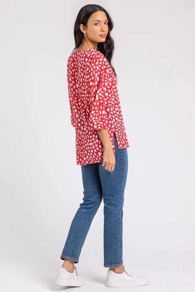 Women Red Abstract Spot Button Detail VNeck Top Roman Tops