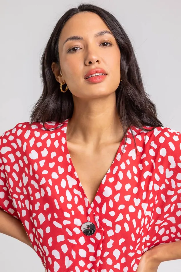 Women Red Abstract Spot Button Detail VNeck Top Roman Tops