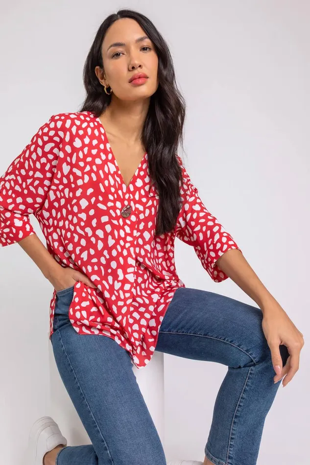 Women Red Abstract Spot Button Detail VNeck Top Roman Tops