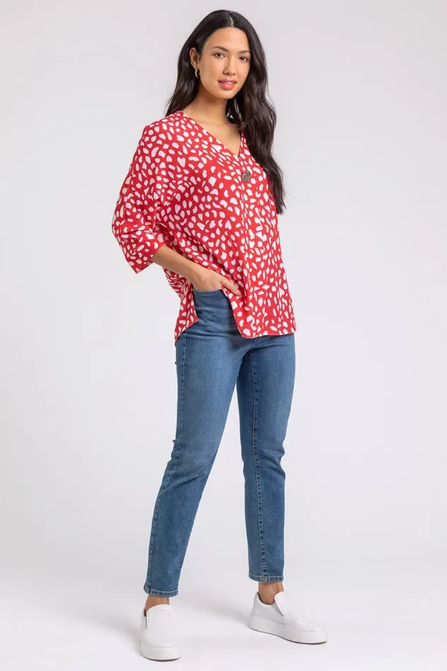 Women Red Abstract Spot Button Detail VNeck Top Roman Tops