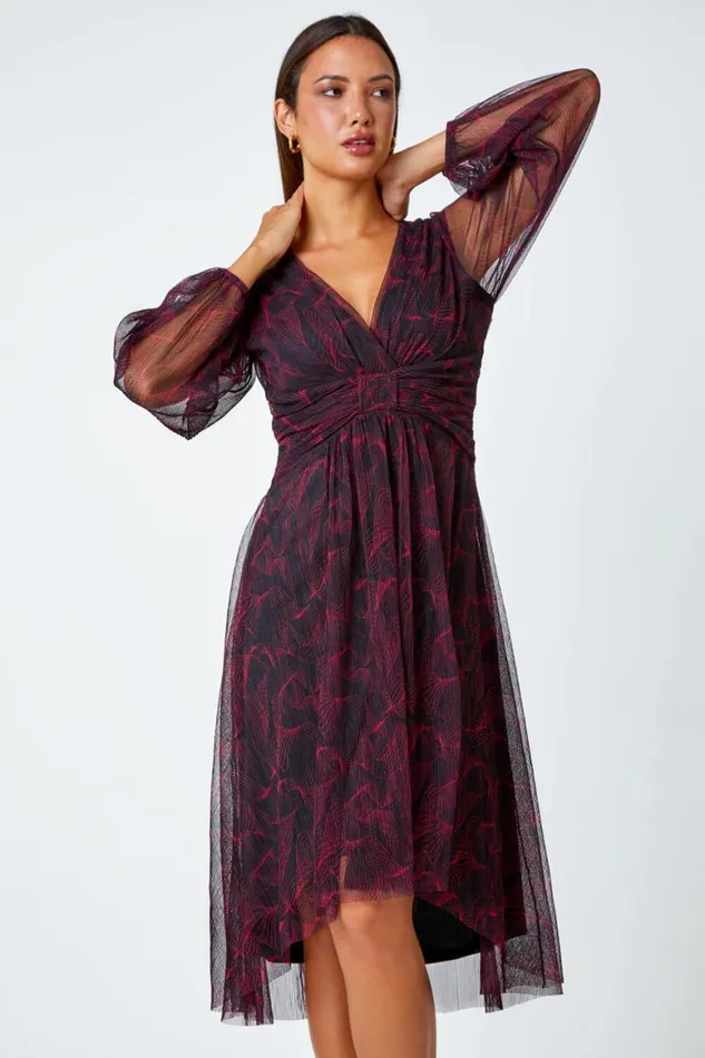 Women Red Abstract Twist Front Chiffon Plisse Dress Roman Dresses