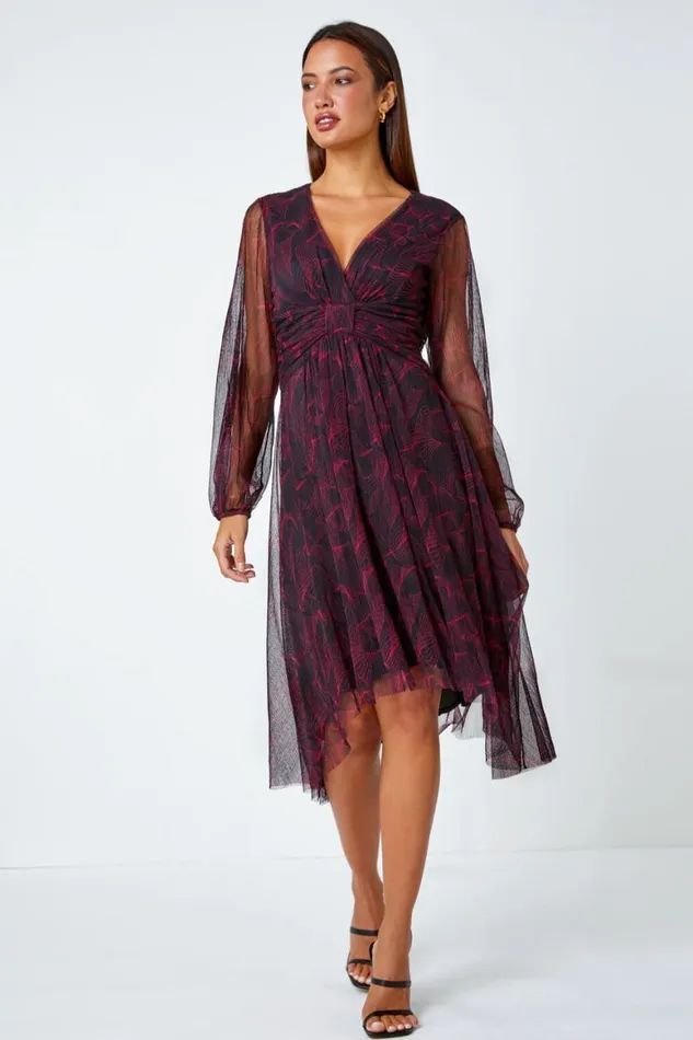 Women Red Abstract Twist Front Chiffon Plisse Dress Roman Dresses