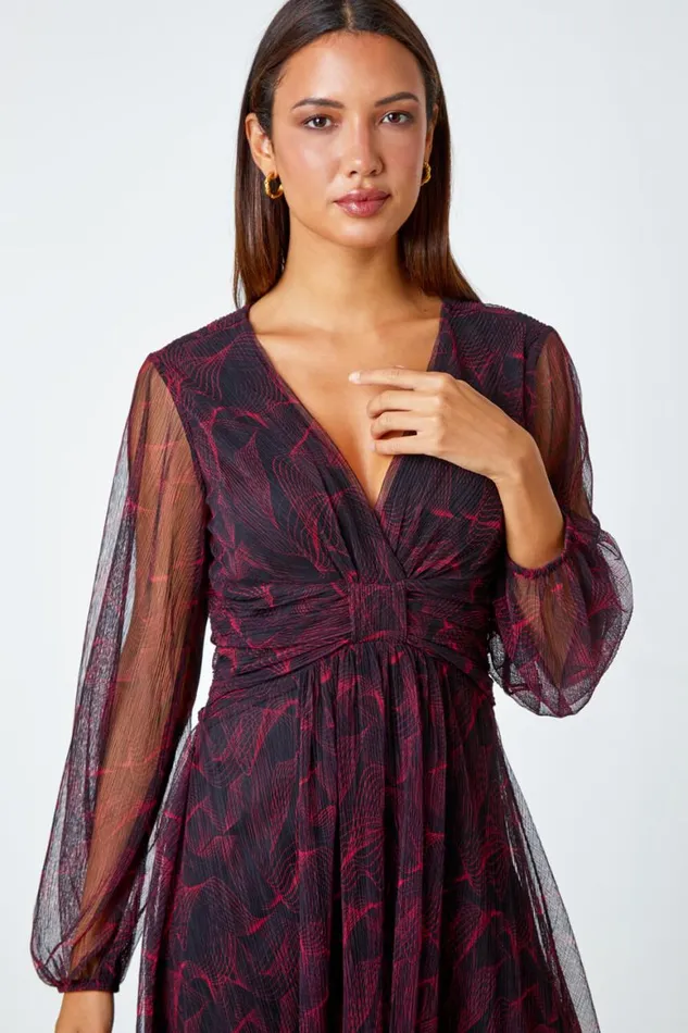Women Red Abstract Twist Front Chiffon Plisse Dress Roman Dresses