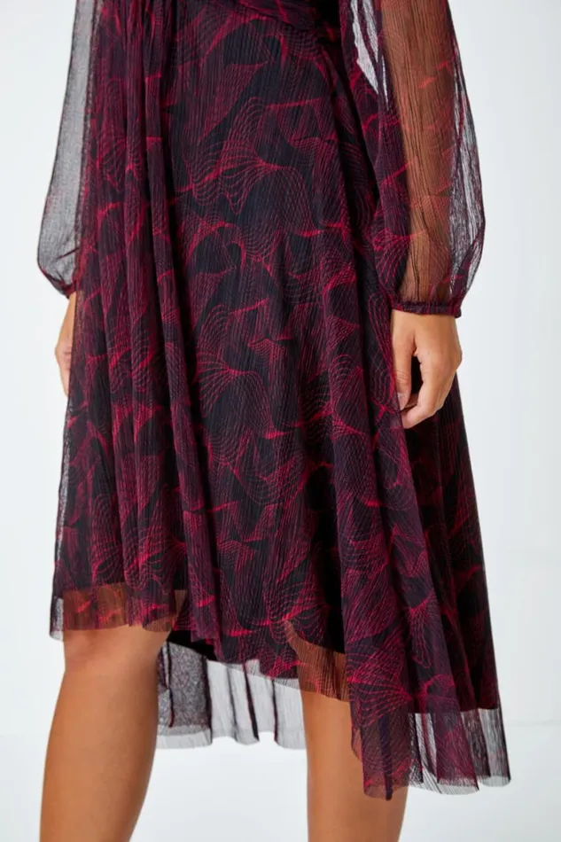 Women Red Abstract Twist Front Chiffon Plisse Dress Roman Dresses