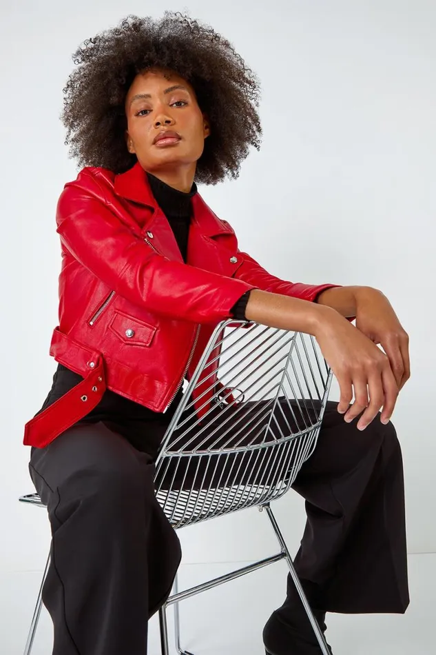 Women Red Cropped Faux Leather Biker Jacket Roman Jackets
