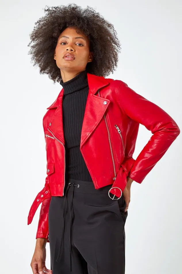 Women Red Cropped Faux Leather Biker Jacket Roman Jackets