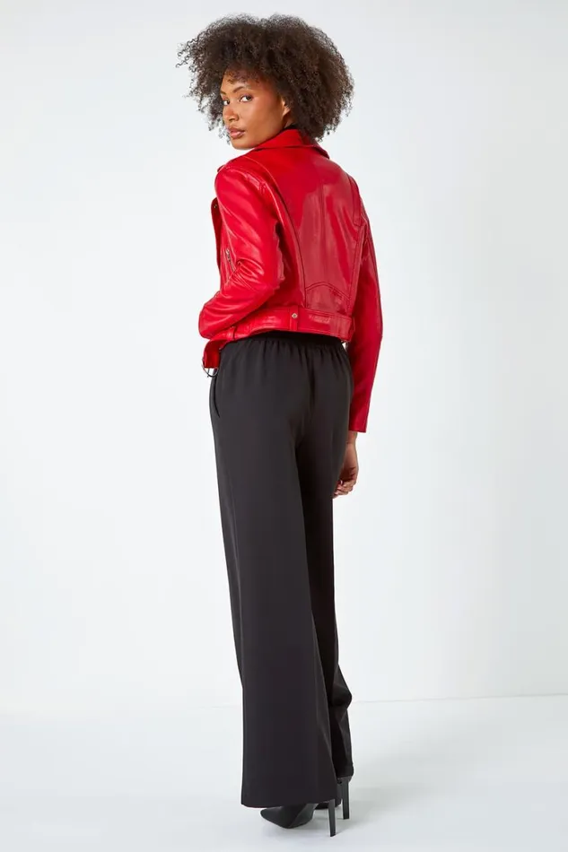 Women Red Cropped Faux Leather Biker Jacket Roman Jackets