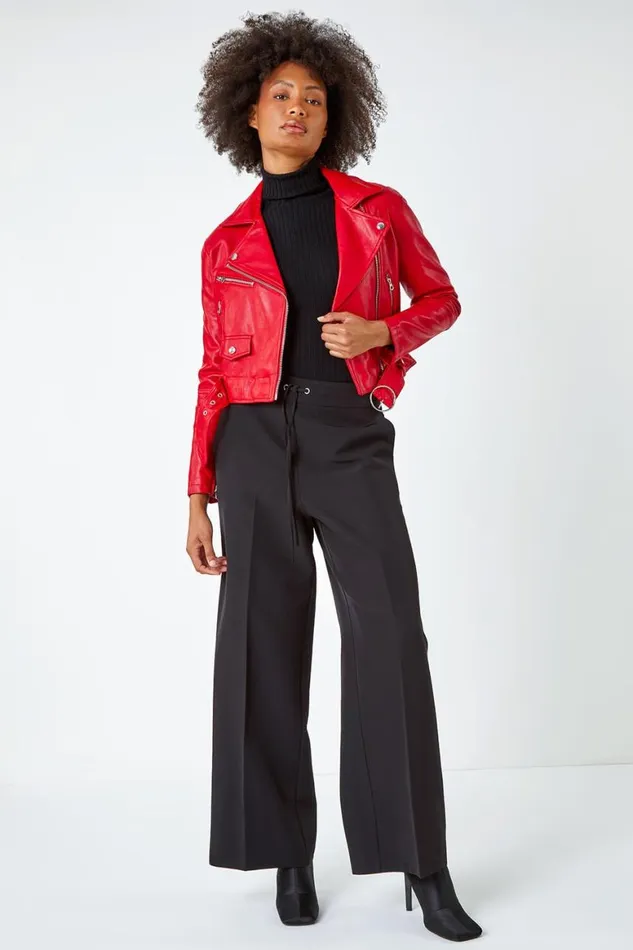 Women Red Cropped Faux Leather Biker Jacket Roman Jackets