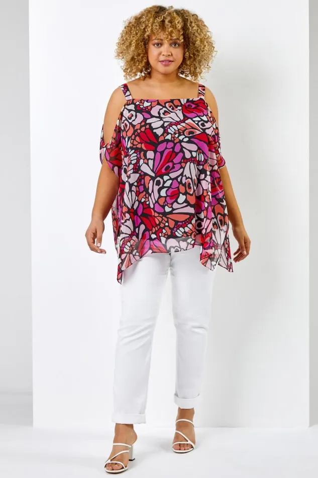 Women Red Curve Abstract Butterfly Cold Shoulder Top Roman Tops