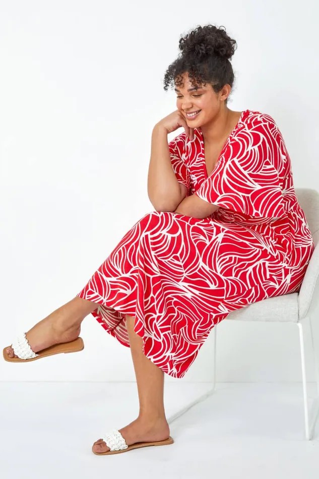 Women Red Curve Linear Print Midi Wrap Dress Roman Dresses