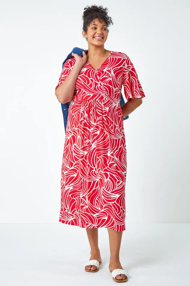 Women Red Curve Linear Print Midi Wrap Dress Roman Dresses