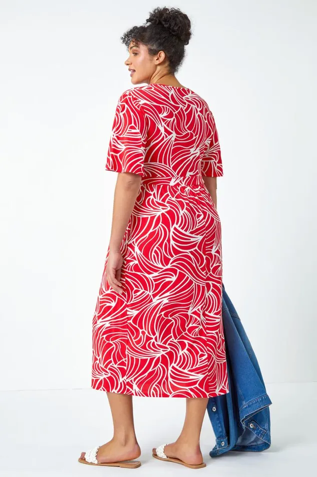 Women Red Curve Linear Print Midi Wrap Dress Roman Dresses