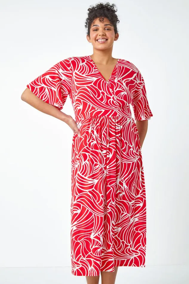 Women Red Curve Linear Print Midi Wrap Dress Roman Dresses