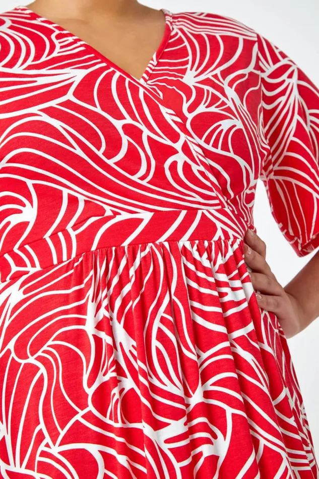 Women Red Curve Linear Print Midi Wrap Dress Roman Dresses