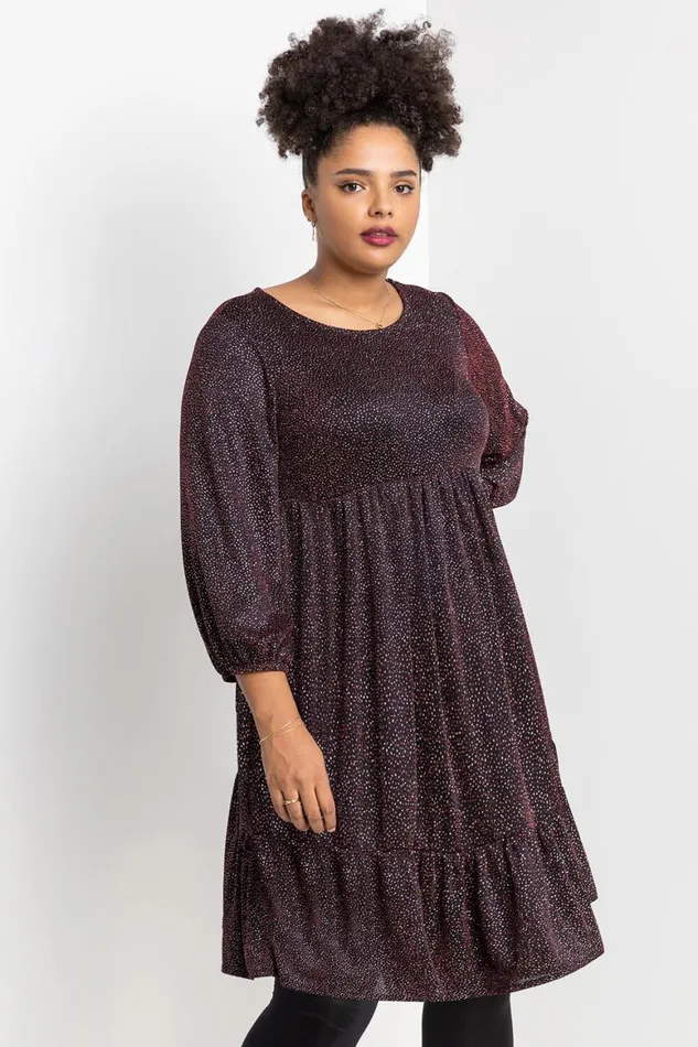 Women Red Curve Shimmer Tiered Shift Dress Roman Dresses