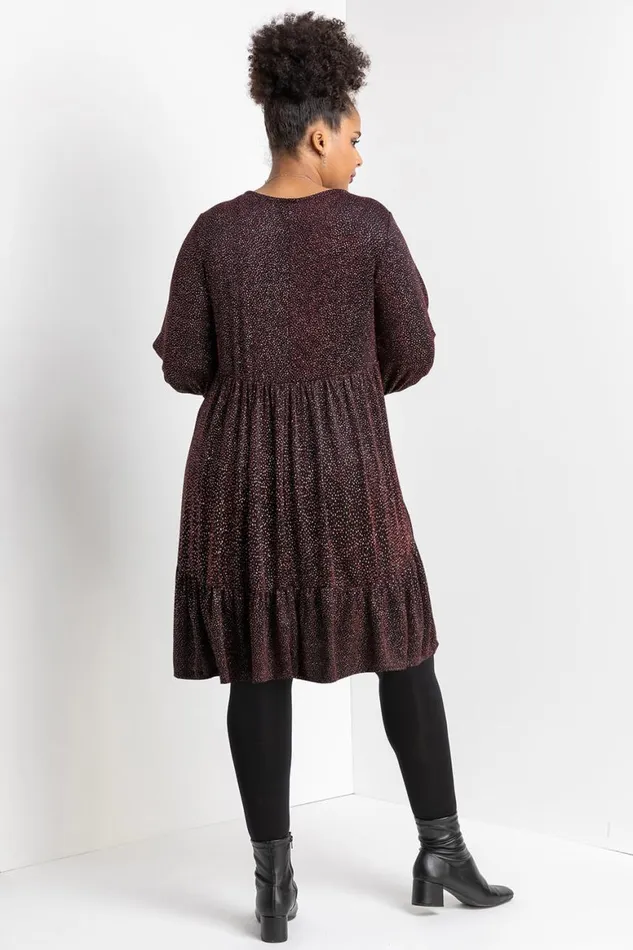 Women Red Curve Shimmer Tiered Shift Dress Roman Dresses