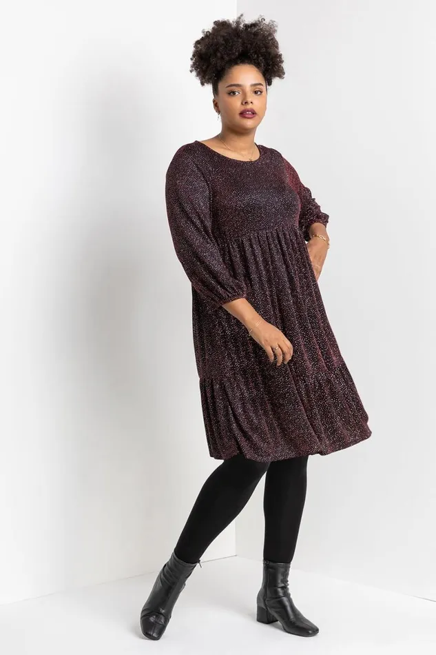 Women Red Curve Shimmer Tiered Shift Dress Roman Dresses