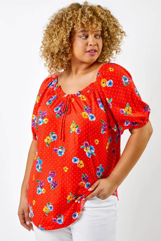 Women Red Curve Spot Floral Print Sweetheart Neck Top Roman Tops