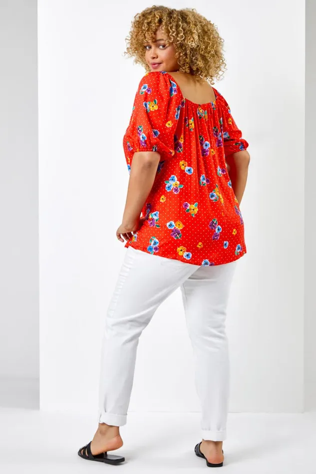 Women Red Curve Spot Floral Print Sweetheart Neck Top Roman Tops