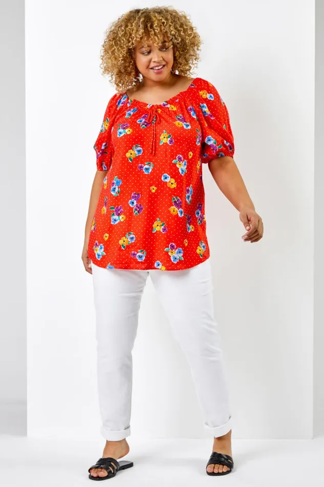 Women Red Curve Spot Floral Print Sweetheart Neck Top Roman Tops