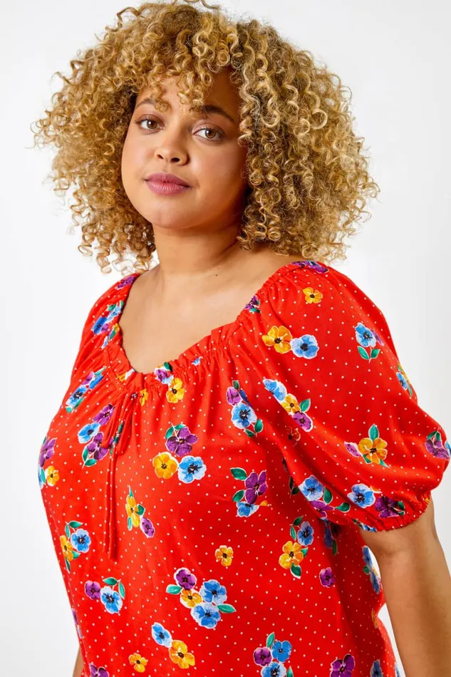 Women Red Curve Spot Floral Print Sweetheart Neck Top Roman Tops